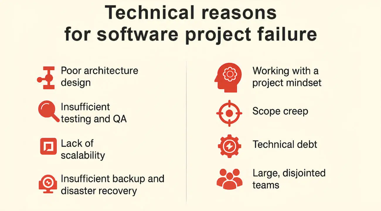 Technical challenges in software development include bugs, system issues, and performance or security flaws